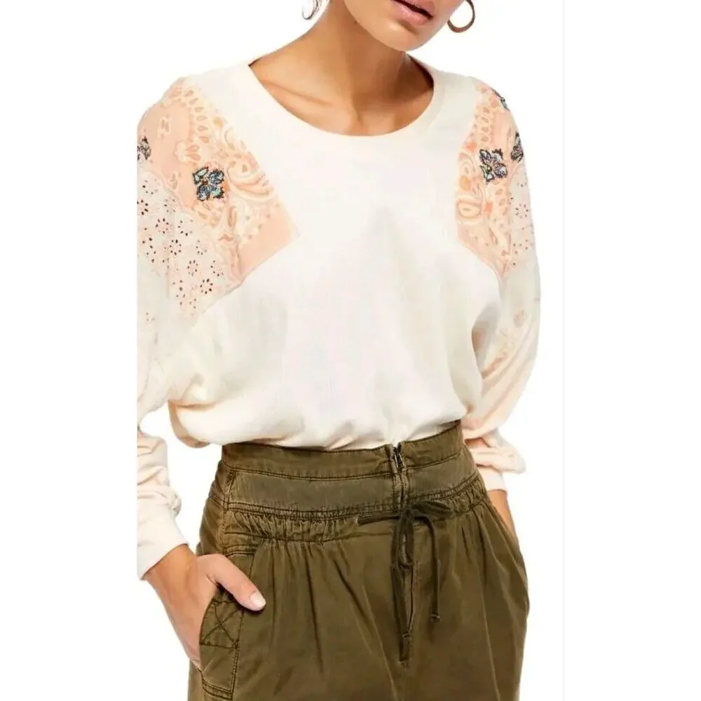 We the Free Feelin It Tee in Peach Floral Embroidered Size Small Oversized